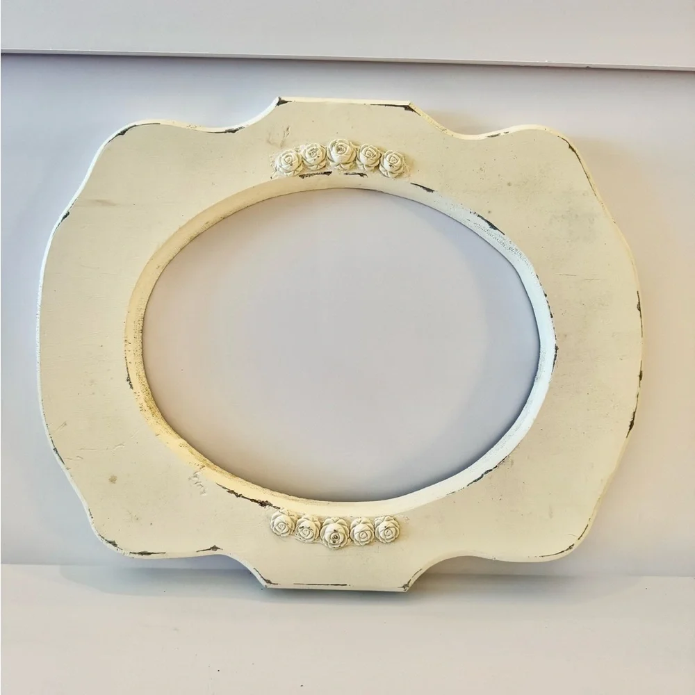 Vintage Chunky White Wooden frame with Roses Shabby Chic Wood wall Cottagecore